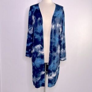 Ponsesa women’s blue & white tie dye knit cardigan duster sweater size 2X